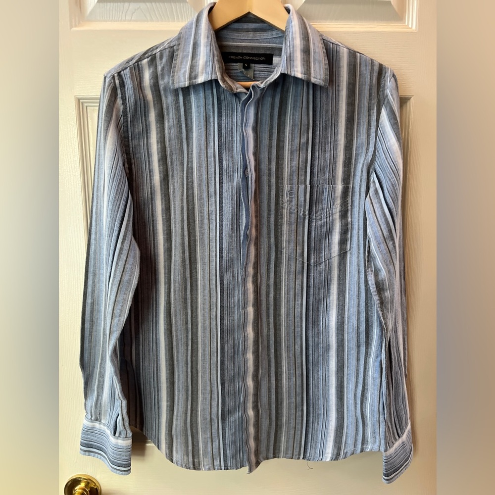 French Connection Vintage Gray & Blue Striped Button Up Shirt S